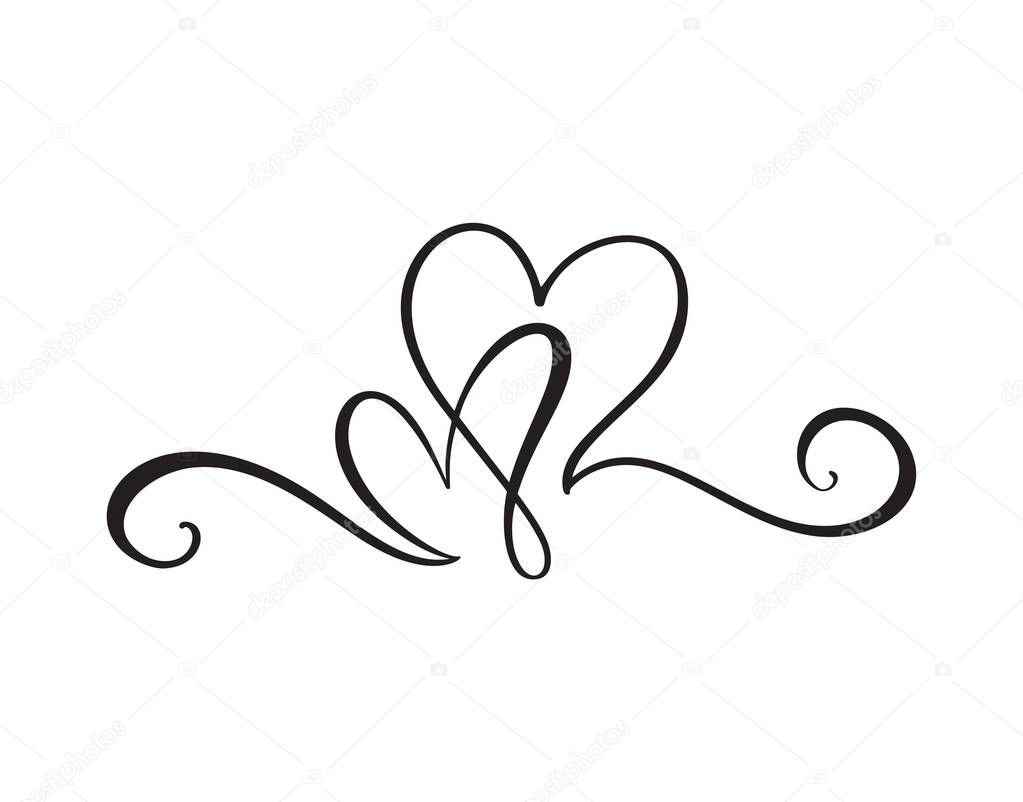 Black Flourish vintage Vector divider Valentines Day Hand Drawn Calligraphic Two Hearts. Calligraphy Holiday illustration. Design element valentine. Icon love decor for web, wedding