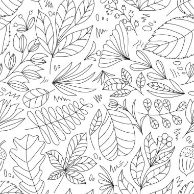 Sevimli vektör yaz el yaprağı dikişsiz desen çizmiş. Yapraklarla yazdır. Kumaş, ambalaj ve tekstil için zarif, güzel bir monolin doğa süsü. Albüm siyah beyaz kağıt