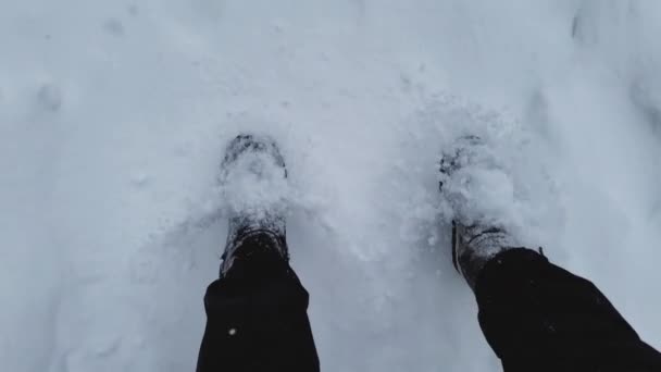 Dos personas están caminando por la carretera nevada. Piernas de dos personas. Conducir en la carretera en invierno — Vídeos de Stock