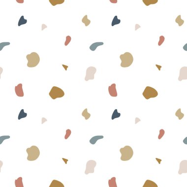 Terrazzo döşeme pürüzsüz desen. Doğal taş parçalarının vektör mozaik dokusu, mermer, granit, kireç taşı, kuvars, cam ve beton. Pembe, beyaz, gri ve yeşil renklerde Terazzo arkaplanı