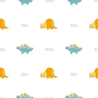 İskandinav tarzında elle çizilmiş dinazor ile çocuksu, kusursuz bir model. Erkek kumaşı ve tekstil için yaratıcı dinozor vektörü çocuksu arka plan
