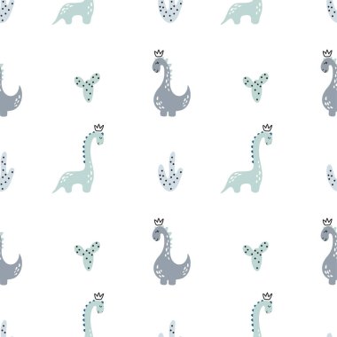 İskandinav tarzında elle çizilmiş dinazor ile çocuksu, kusursuz bir model. Erkek kumaşı ve tekstil için yaratıcı dinozor vektörü çocuksu arka plan