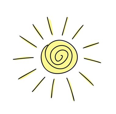 Vektör el şirin bir güneş çizdi. Doodle tarzı sarı güneş ışığı yaz elementi. Nesne beyaz arkaplanda izole edildi