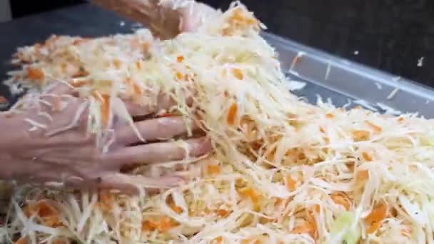 Mujer amasa chucrut con zanahorias en la mesa. Manos de mujer cocinando material de vídeo 1920x1080 — Vídeos de Stock