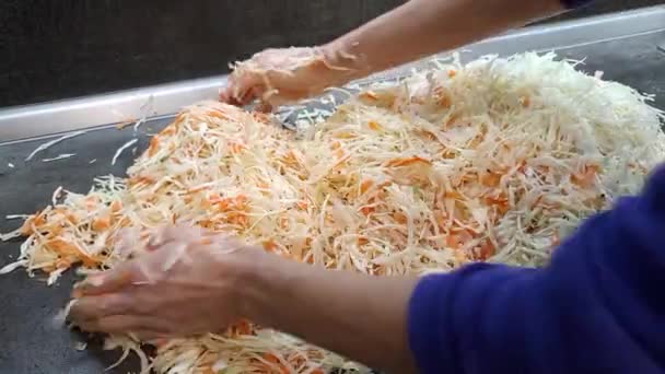 Mujer amasa chucrut con zanahorias en la mesa. Manos de mujer cocinando material de vídeo 1920x1080 — Vídeo de stock
