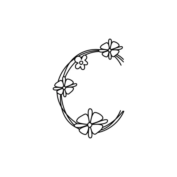 Vintage floralen fetten Letter C Logo Frühling. Klassische Sommer Letter Design Vektoren mit schwarzer Farbe und Blumen von Hand gezeichnet mit Monolinie Blumen — Stockvektor