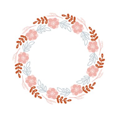 Yazlık çiçeklerle süslü renkli dairesel çelenkler ve mesajınız için merkez beyaz fotokopi alanı. Çiçeklerle çizilmiş bir çelenk. Tarihi kaydet. Düğün davetiyesi İskandinav