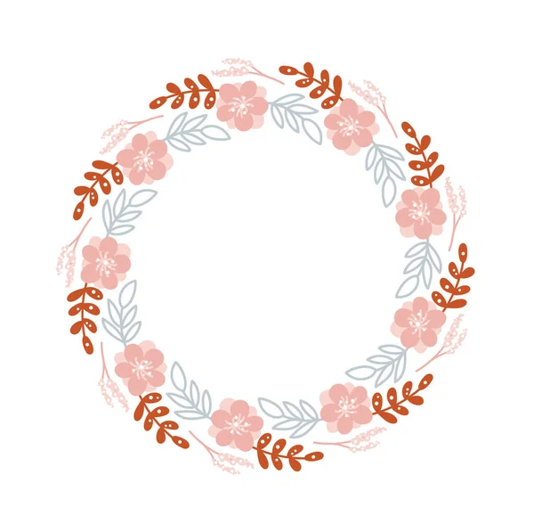 Vector coloridas coronas florales circulares con flores de verano y el espacio central de copia blanca para su texto. Corona dibujada a mano vectorial con flores. Guarda la fecha. Invitación de boda escandinava — Archivo Imágenes Vectoriales