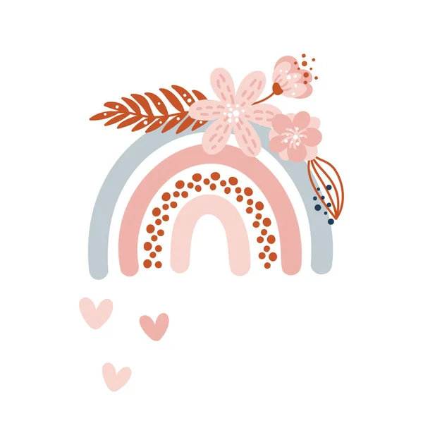 Kalp şeklinde yağmur noktaları ve buketi olan ilkbahar gökkuşağı taşıyıcısı. Çizgi film el çizimi İskandinav tarzı yaz çiçekleri çocuklar için beyaz arka plan, kitaplar, iç tasarım — Stok Vektör