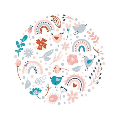 Vektör Çiçek yaz çemberi. Elle çizilmiş çiçekler, gökkuşakları ve bitkilerle bahar çiçeği kompozisyonu. Eskiz tarzında İskandinav romantik aşk illüstrasyonu. Sevgililer Günü kartı