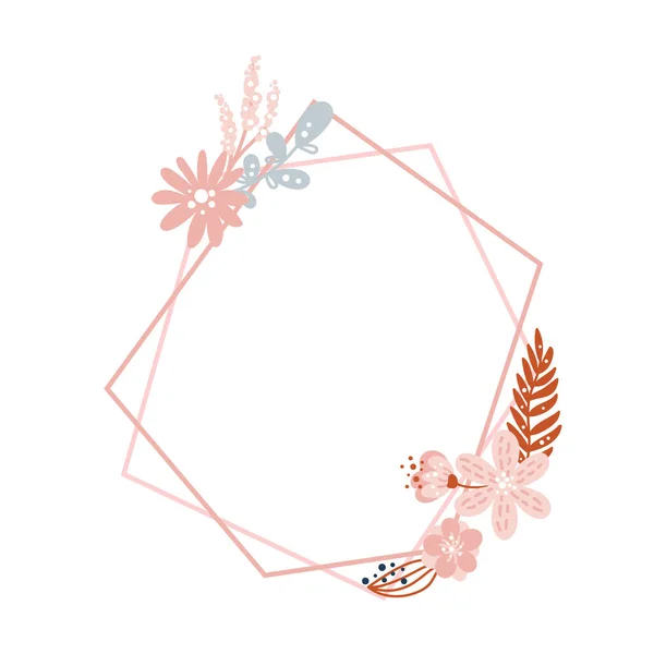 Vektor virágos geometriai poligon keret virágcsokorral és virág szivárvány illusztráció. Gyerekek skandináv kézzel rajzolt stílus évforduló, születésnap, meghívó helyet szöveges. Pasztell színek — Stock Vector