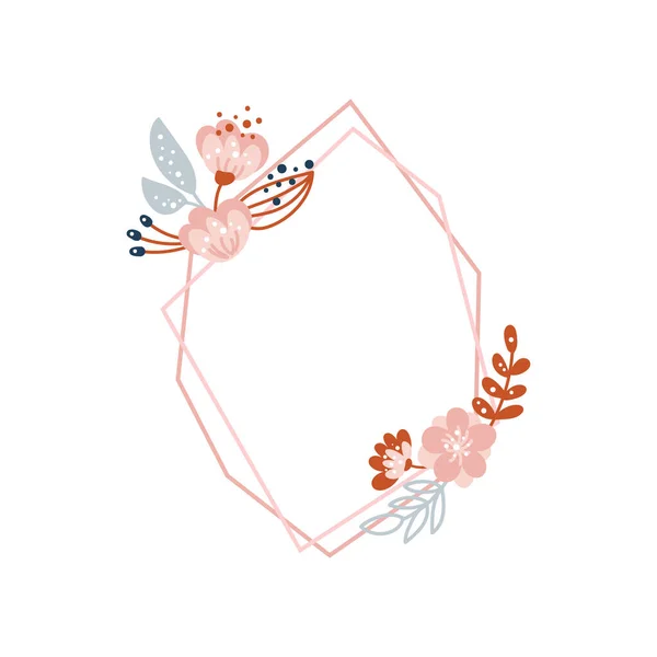 Virágvektor nyári geometrikus poligon keret virágcsokorral és tavaszi virág illusztráció. Gyerekek skandináv kézzel rajzolt stílus évforduló, születésnap, meghívó helyet szöveges. Pasztell — Stock Vector