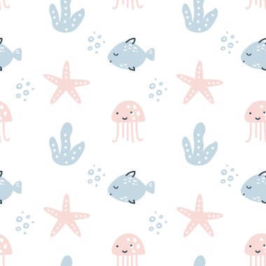 Balıklı, deniz yıldızlı ve noktalı İskandinav kusursuz vektör deseni. Yaz Vektörü tasarımı baskılar, el ilanları, afişler, kumaşlar, davetiyeler için mükemmel.