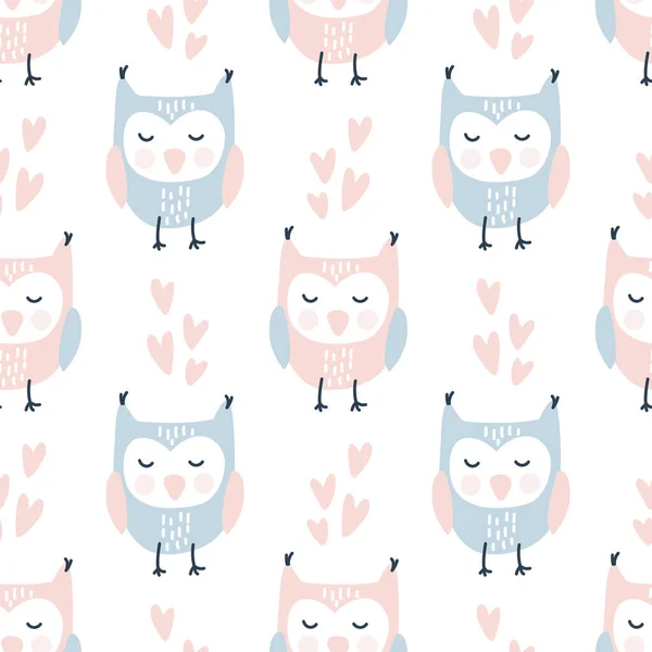 Scandinave Valentine amour motif sans couture avec des chouettes et des cœurs mignons, texture romantique sans fin. mignon fond motif hibou rétro coloré dans le vecteur — Image vectorielle