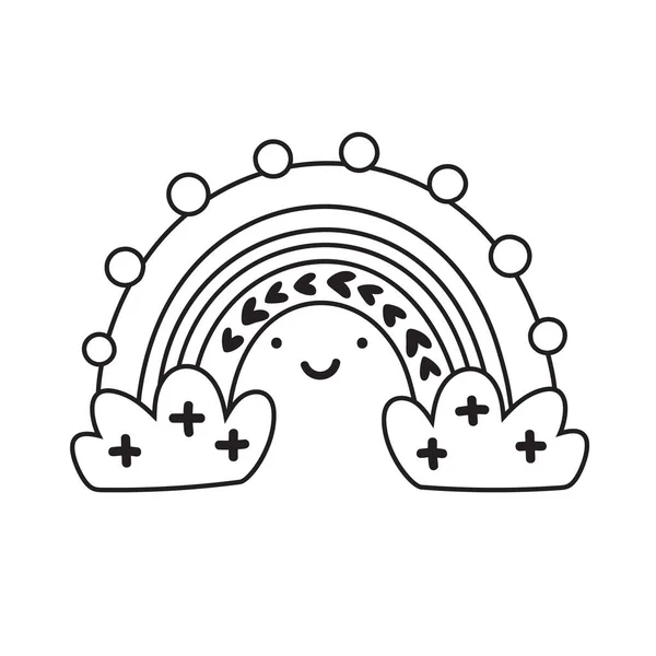 Vector monoline regnbåge med ansikte och moln i tecknad skandinavisk stil isolerad på vit bakgrund för barn. Söt vårillustration i handritade tryck, tyg, barnböcker. Svart och vitt — Stock vektor