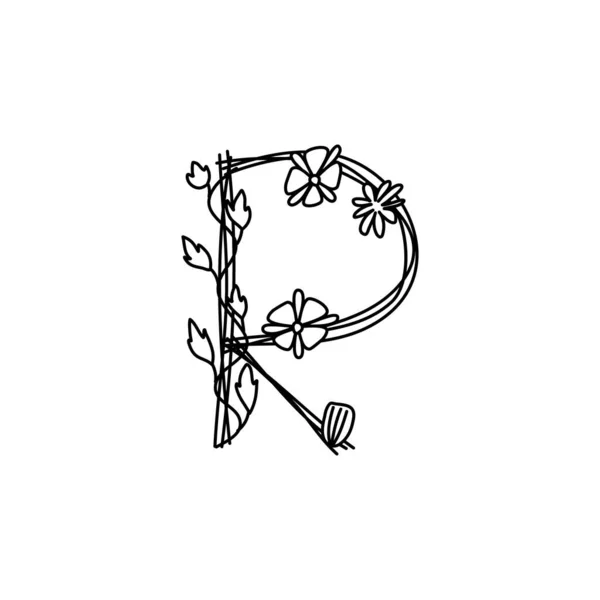 ヴィンテージ花太字の手紙Rロゴ春。モノラインの花で描かれた黒と花の手で古典的な夏の手紙のデザインベクトル — ストックベクタ
