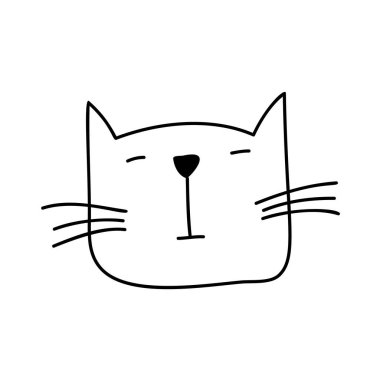 İskandinav kedisinin siyah monolin yüzü. Bir dairenin el çizimi çizimi. Tişört tasarımı, tekstil ürünleri, ambalaj kağıdı, çocuk tekstili