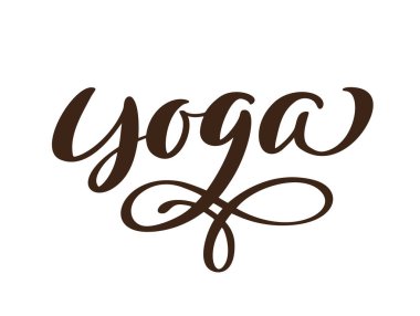 Vektör harfli illüstrasyon metni Yoga logosu. Kaligrafi harfleri beyaz arkaplanda izole edilmiş. Logoti, pankart, tebrik kartı kavramı. Sağlıklı yaşam tarzı, spor, meditasyon. Yoga dersi için poster
