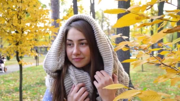 Brünette attraktive Frau, die an einem sonnigen Tag im Herbst im Park spazieren geht und lächelt. Das Gesicht einer glücklichen schönen Frau im Herbst im Freien. Zeitlupenaufnahmen in HD — Stockvideo
