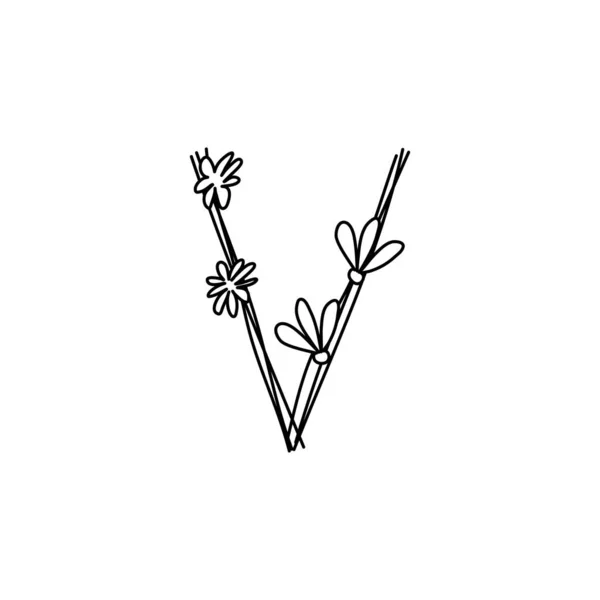 Ročník květinové tučné písmeno V logo pružina. Klasické letní písmeno Design vektory s černou barvou a květinové ručně kreslené s monolinovou linkou květiny — Stockový vektor
