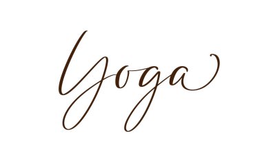 Vektör harfli illüstrasyon metni Yoga logosu. Kaligrafi harfleri beyaz arkaplanda izole edilmiş. Logoti, pankart, tebrik kartı kavramı. Sağlıklı yaşam tarzı, spor, meditasyon. Yoga dersi için poster
