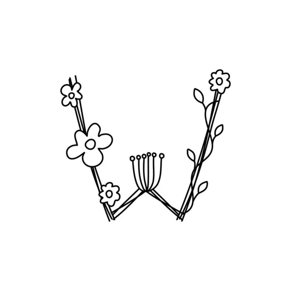 Ročník květinový tučné písmeno W logo pružina. Klasické letní písmeno Design vektory s černou barvou a květinové ručně kreslené s monolinovou linkou květiny — Stockový vektor