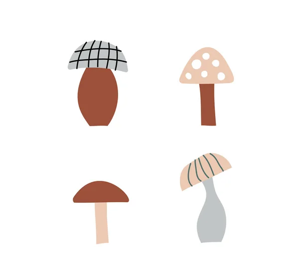Conjunto de cogumelos de ilustrações vetoriais isoladas sobre branco. Cogumelo branco, chanterelles, mel agarics, cogumelos, mosca agarics. Desenhos animados estilo doodle escandinavo —  Vetores de Stock