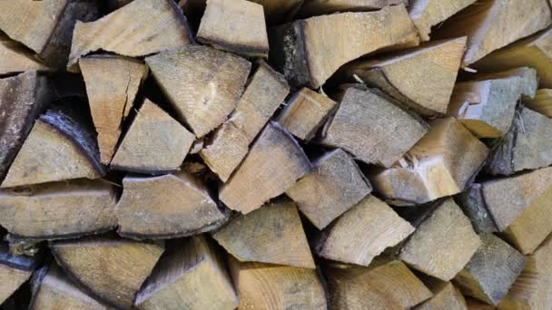 Fein säuberlich gefaltet legt das Holz. Die Holzstruktur von gespaltenem Holz. Das Problem der erneuerbaren Energien. Eine Menge Holz säuberlich zu einem Holzstapel gestapelt. Kameraschwenk — Stockvideo