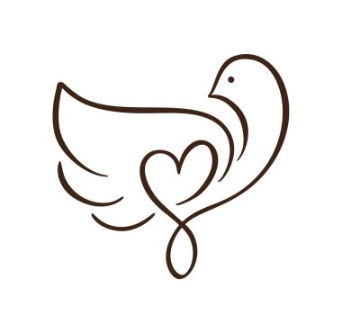Kalp logosu tasarım şablonu simgesi olan Vector Love güvercini. Karalama tarzında kalbi taşıyan güvercin. çizgi sanat kuşu