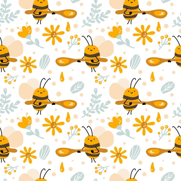 Seamless scandinavian kid pattern of cute bee with honey spoon, flower and hexagon in flat vector baby style. illustation for banner background — Stock Vector