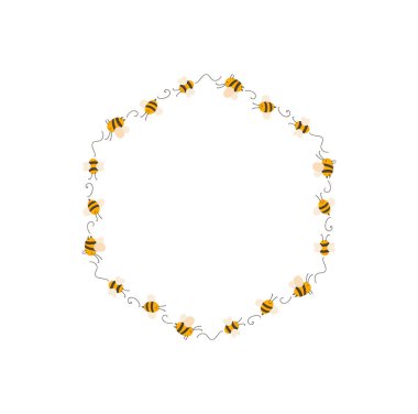 Beyaz arka planda izole edilmiş arı çizgi filmi olan şirin çocuklar. Bebek İskandinav çokgen çelenk biçim vektör çizimi metin için yer ile