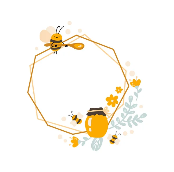 Niedliche Kinder Sechseck-Rahmen mit Biene und Löffel, Glas Honig mit Blumenstrauß Kranz. Baby-Vektorpolygon im skandinavischen Stil mit Platz für Text — Stockvektor