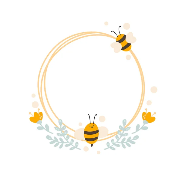 Niedliche Kinder Rundrahmen mit Biene und Blumenstrauß Kranz. Baby skandinavischen Stil Vektor Kreis Illustration mit Platz für Text — Stockvektor
