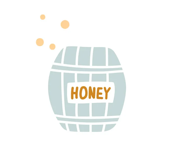 Cartone animato miele icona barile di apicoltura e apicoltura alimentare. Miele d'api scandinavo vettoriale in fusto o botte di legno con nido d'ape, dessert naturale e snack design — Vettoriale Stock