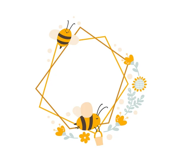 Cute kids Polygon frame with bee and spoon, jar of honey with bouquet of flowers wreath summer. Baby scandinavian style vector polygon illustration with place for text — Stock Vector