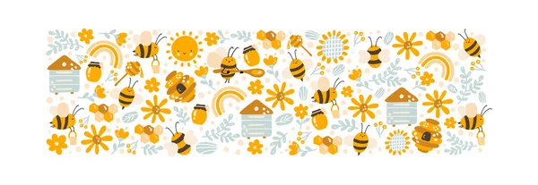 Dzieci kolorowe plakat wektor miodu ręcznie rysowane zestaw kreskówki doodle obiektów pszczoła, kwiat i ul. Symbole dzieci i karty przedmiotów. kształt prostokąta wzór składu — Wektor stockowy