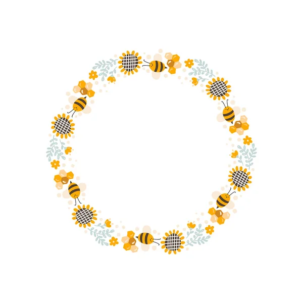 Guirlande de miel mignon pour enfants avec tournesol et abeille dans un style scandinave vectoriel à cadre plat. Cadre Baby illustation avec place pour le texte pour le contenu, carte de vœux, graphique — Image vectorielle