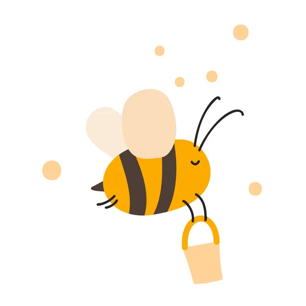Niedliche dicke kleine Biene mit Eimer im Doodle-Stil. Logo skandinavischen Baby-Print in gelben und schwarzen Farben. Druck für Malbuch, T-Shirt, Tasse, Kinderkleidung. Trickfilm-Honiginsekt — Stockvektor