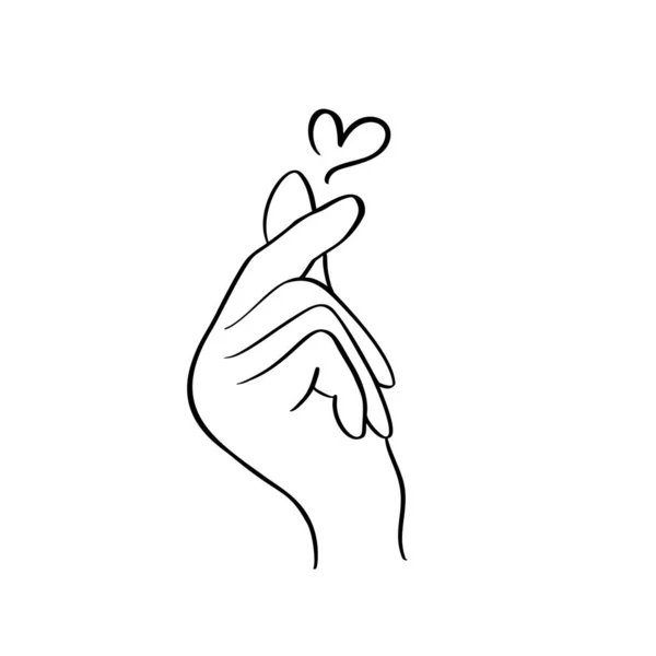 Boceto garabato de la mano mostrando el corazón con los dedos gesto mini amor. ilustración de arte de línea vectorial dibujado a mano. Amor Concepto de San Valentín — Archivo Imágenes Vectoriales