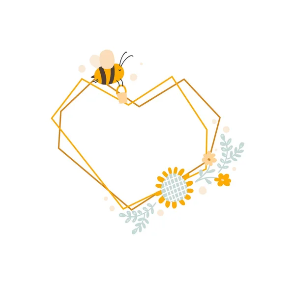 Cute kids heart love frame with bee and bouquet of sunflower wreath summer. Baby scandinavian style vector polygon illustration with place for text — Stock Vector