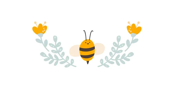 Baby Vector Blommig sommar avdelare banner, pastell barn färg bi och vildblommor bukett. Skandinavisk stil handritad form. Isolerad illustration på vit bakgrund — Stock vektor