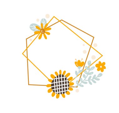 Arı ve kaşıkla şirin çokgen çerçeve, çiçek buketi ile bal kavanozu yaz tatili. Bebek İskandinav tarzı vektör çokgeni çizimi metin için yer