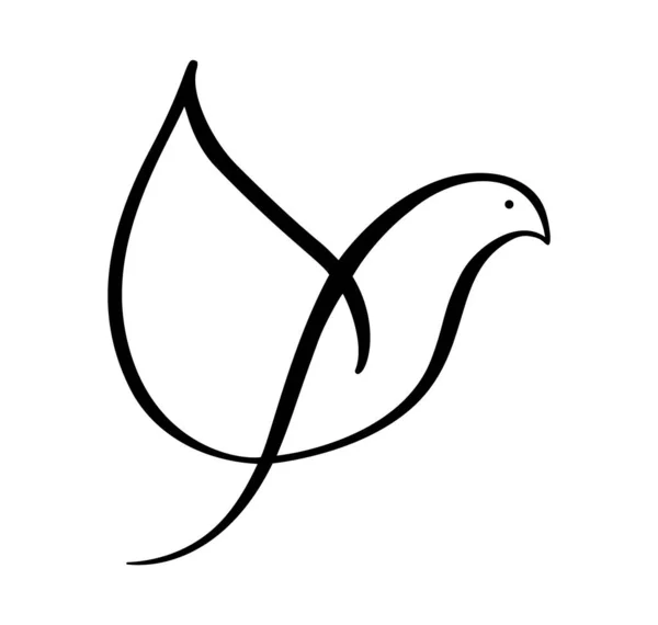 Jolie colombe de calligraphie dessinée à la main pour le design. Logo du pigeon volant. ligne de brosse à oiseaux. Illustration vectorielle noir et blanc. Concept pour carte icône, affiche bannière, flyer — Image vectorielle
