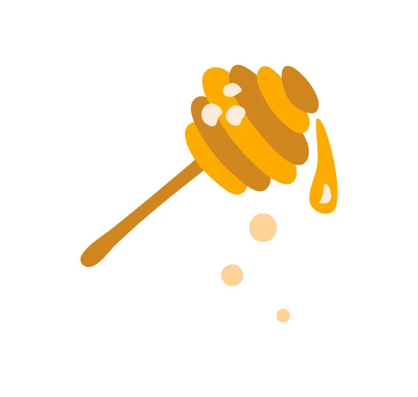 Doce mel de bebê pingando de colher de madeira. isolado em branco. Ilustração vetorial de perto para cozinhar, cosméticos, perfume, pomada. Medicina herbal, cuidados de saúde — Vetor de Stock
