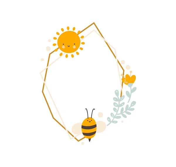 Cute kids Polygon frame with bee and sun with bouquet of flowers wreath summer. Baby scandinavian style vector polygon illustration with place for text — Stock Vector