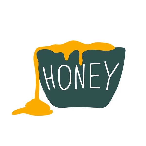 Vector scandinavian bee honey on plate with text HONEY, natural dessert and snack design. Cartoon honey barrel icon of beekeeping and apiculture food — Stock Vector