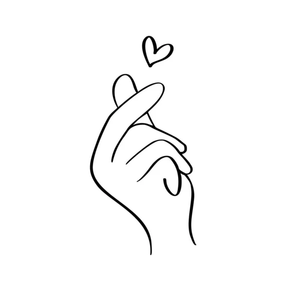 Esboço doodle de mão mostrando coração com dedos gesto mini amor. ilustração de arte linha vetorial desenhada à mão. Amor Dia dos Namorados conceito —  Vetores de Stock