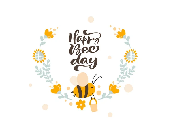 Texto Feliz día de la abeja Carácter de los niños lindos miel de abeja con corona de flores en el estilo escandinavo vector plano. Bebé cumpleaños ilustración marco de la abeja para el contenido, tarjeta de felicitación, gráfico — Vector de stock