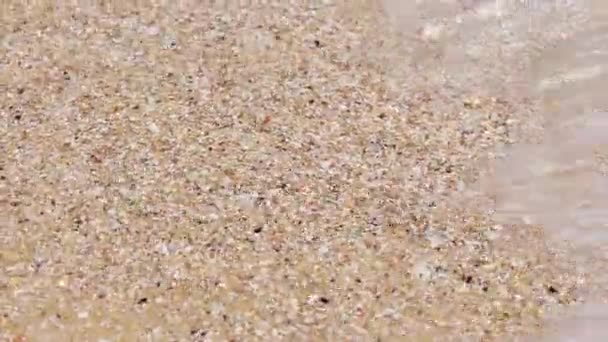 Widok z góry pięknej plaży. 4k materiał wideo Niesamowite wybrzeże Sandy z falami morskimi. Piękny widok żółtego piasku plaży i powierzchni wody tekstury, piankowe fale — Wideo stockowe