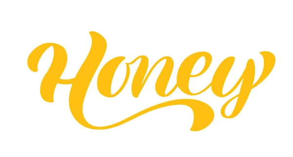 Testo lettering calligrafia miele. Parola di scrittura a mano d'ape vettoriale in colore nero isolato su sfondo bianco. Concetto per carta logo, poster tipografico, stampa — Vettoriale Stock